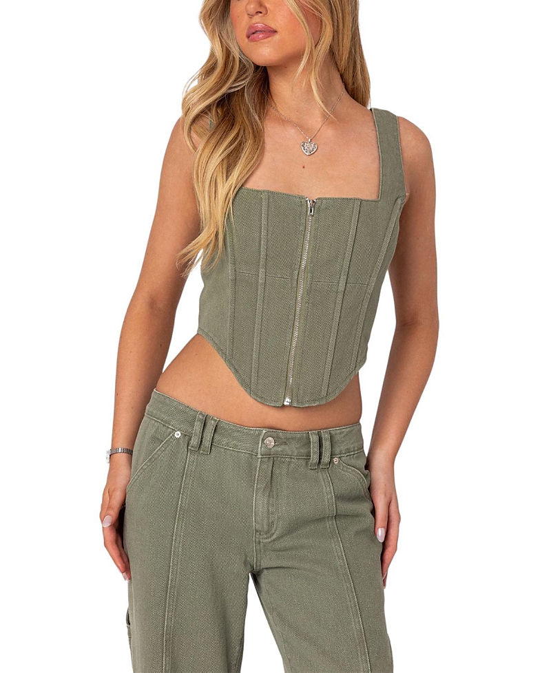 Edikted Lottie Washed Denim Crop Corset Top In Olive