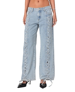 Edikted Laced Up Low Rise Jeans In Blue
