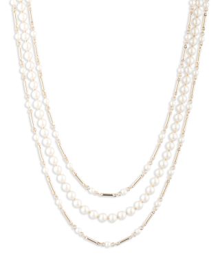 Ralph Lauren - Bar & Imitation Pearl Layered Necklace in Gold Tone, 17"