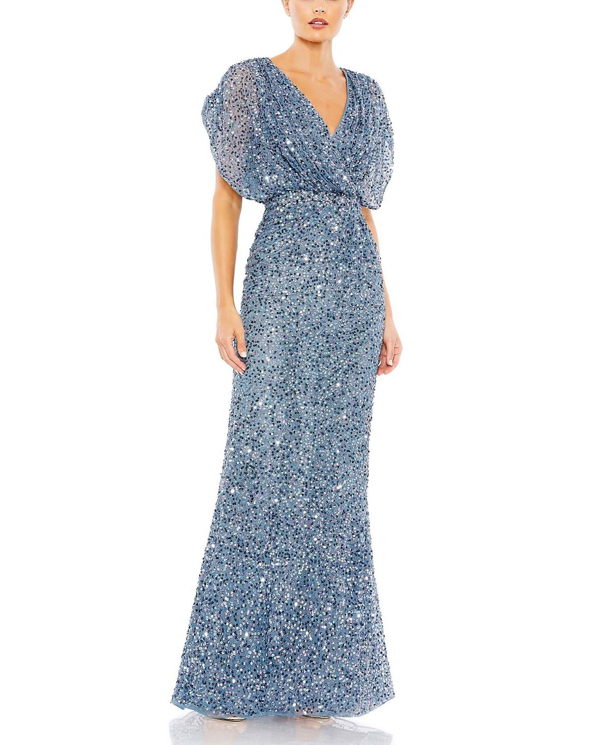 Mac Duggal Draped Sleeves Ruched Waist Detail V-Neck Gown