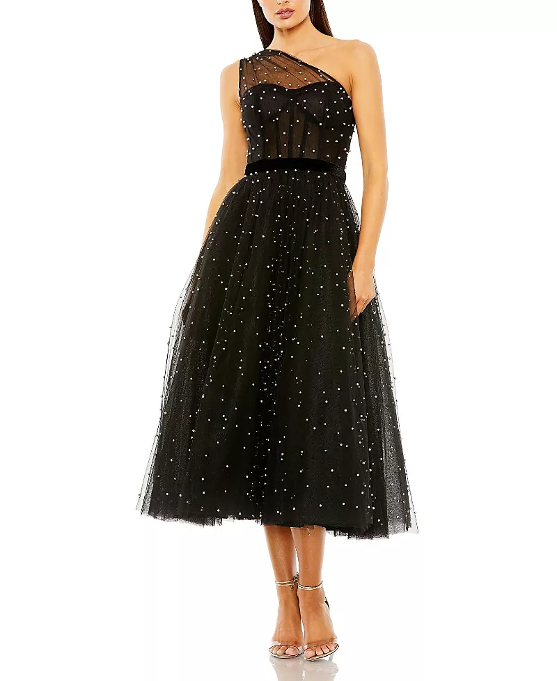 Mac Duggal One Shoulder Pearl Embellished Midi Ballgown