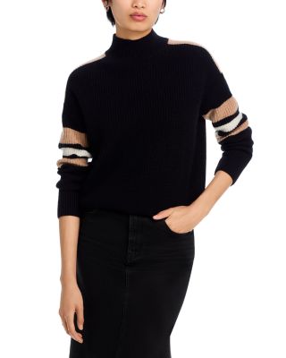 AQUA - Stripe Sleeve Mock Neck Cashmere Sweater - Exclusive