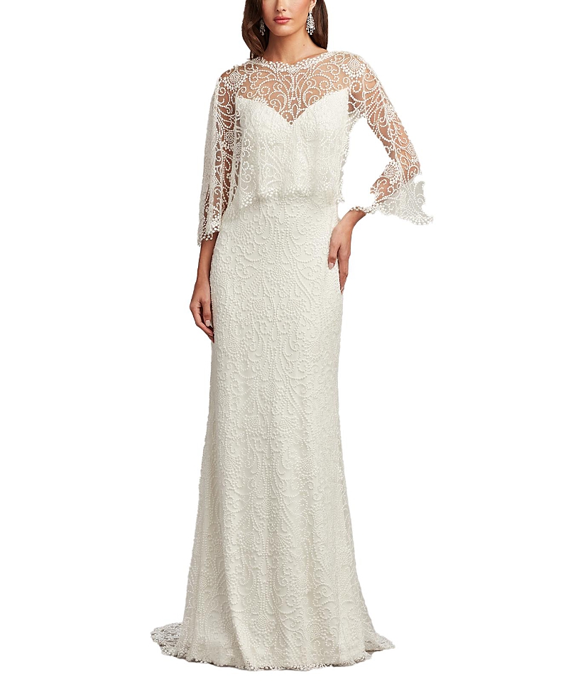 Tadashi Shoji Eagen Draped Overlay Embroidered Gown In Ivory