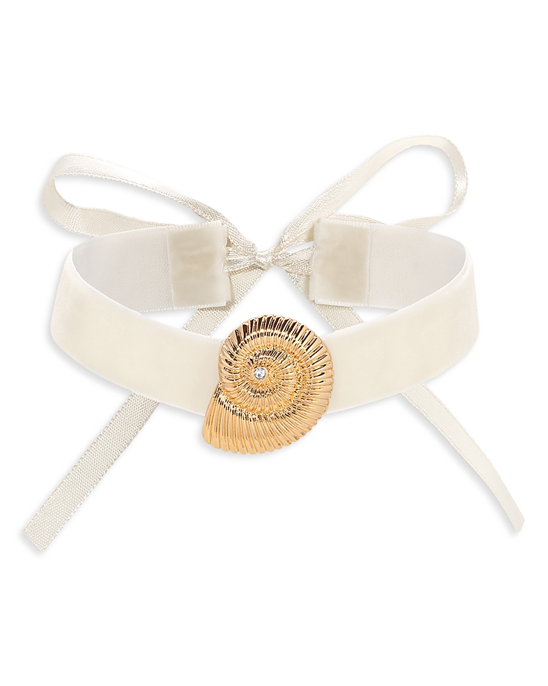 Ettika 18k Gold Plated Swirled Shell Pendant Beige Velvet Choker In Gold/ivory