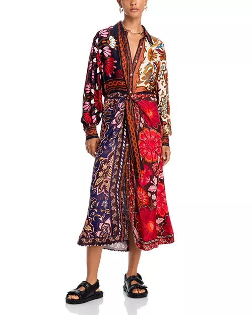 miranda mixed printed button front midi dress