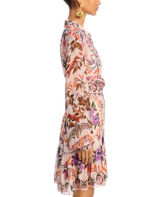 Winter Garden Floral Tie Belt Long Sleeved Shirt Dress