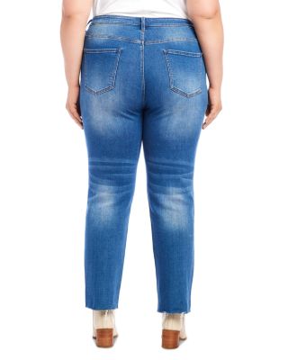 Plus Size High Rise Raw Hem Straight Jeans in Denim 