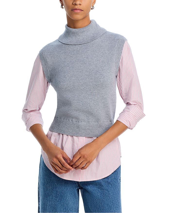 Derek Lam 10 Crosby Aissa Mixed Media Top Heather Grey Stripe
