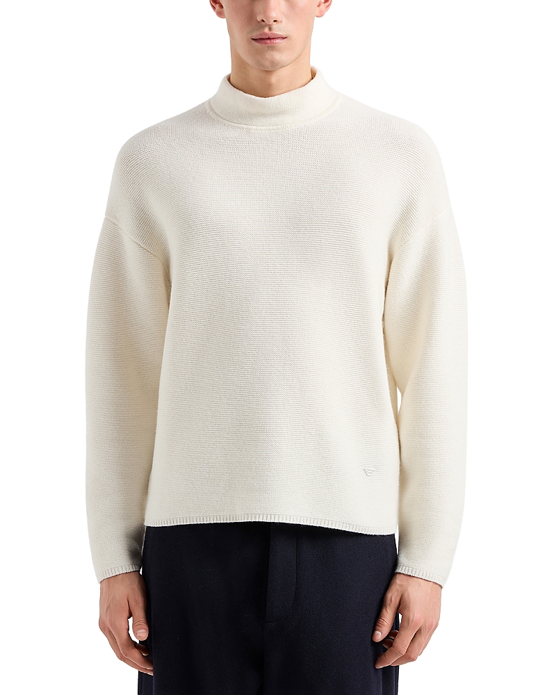 Emporio Armani Virgin Wool Allover Jacquard Striped Sweater In Calm White
