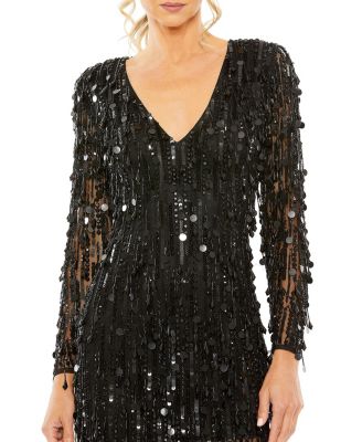 Long Sleeves Beaded Fringe Paillette Detail Plunge Neck Dress