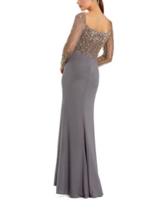 Beaded Embellished Square Neck Long Sleeve Jersey Gown
