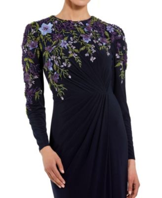 Floral Embroidery Embellished Detail Long Sleeve Fitted Jersey Gown