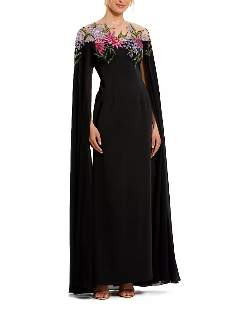 Mac Duggal Sheer Cape Beaded Floral Embroidery Detail Gown