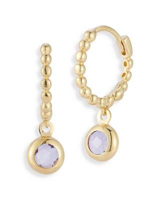 Moon & Meadow 14K Yellow Gold Amethyst Bezel Dangle Huggie Hoop Earrings