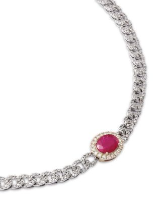 Ruby & Diamond Oval Halo Chain link Collar Necklace in 14K Yellow & White Gold, 14-18"