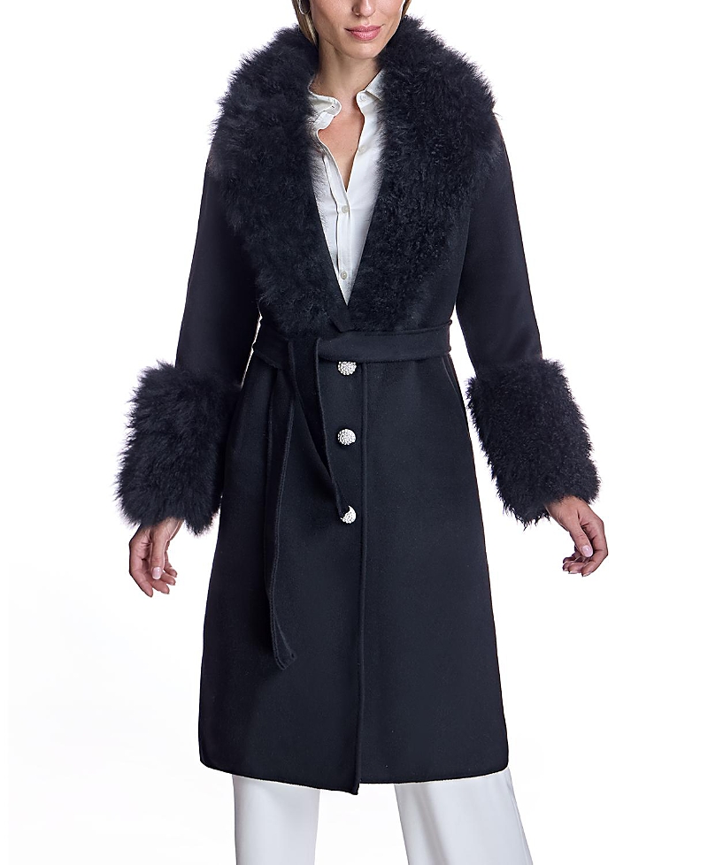 Maximilian Belted Wool Coat With Rhinestone Button In Black/black
