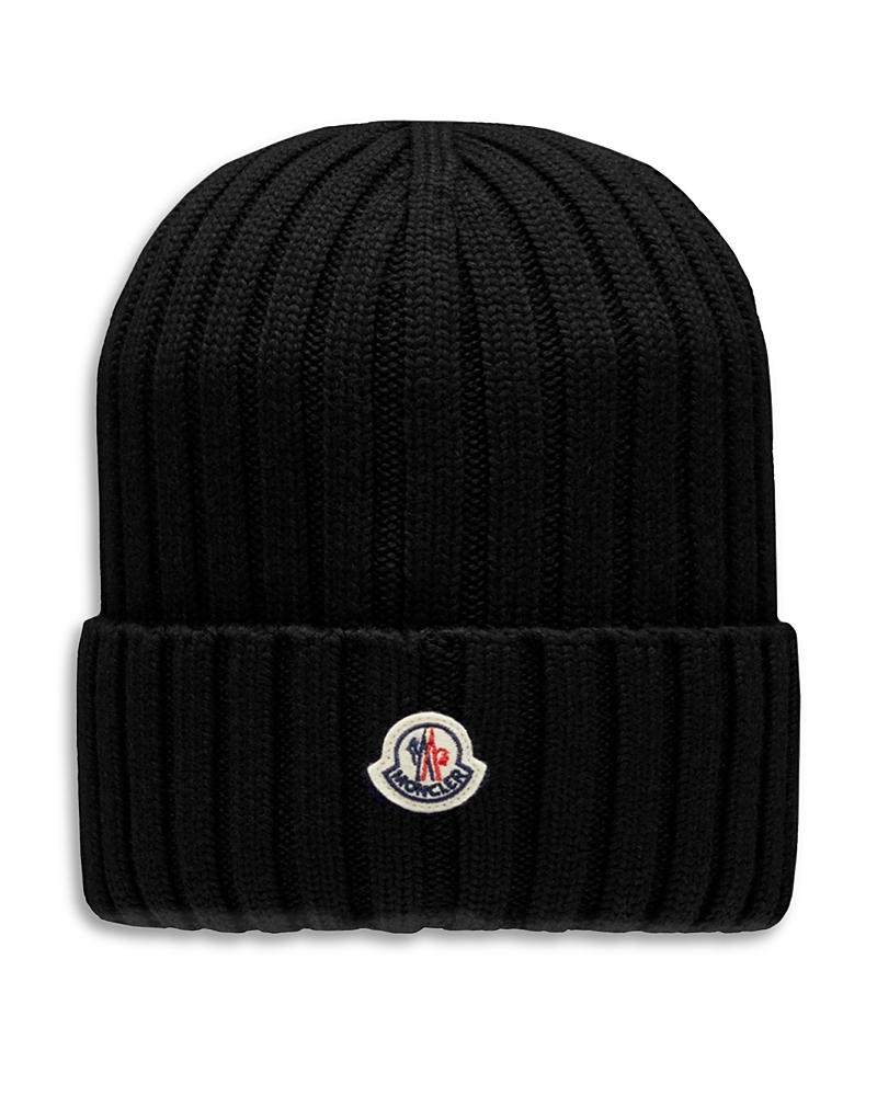 Moncler Logo Patch Cuff Virgin Wool Rib Beanie In Black