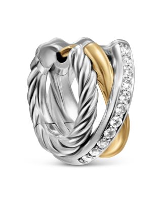 Crossover Three Row Huggie Hoop Earrings in Sterling Silver with 18K Yellow Gold, 13mm