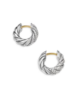 Sculpted Cable Hoop Earrings in Sterling Silver with Diamonds, 14.4mm