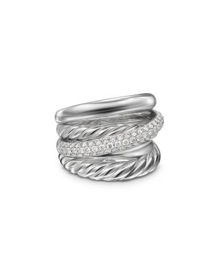 Crossover Five Row Ring in Sterling Silver with Diamonds, 17.5mm