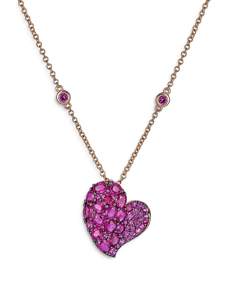 Piranesi 18k Rose Gold Wave Heart Pink Sapphire Pave Pendant Necklace, 16-18 In Pink