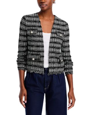 Misook Rhinestone Accent Fringe Tweed Knit Jacket