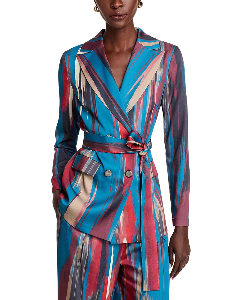 Misook Heritage Fit Double-breasted Brushstroke Woven Blazer In Tidal Teal/multi