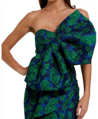 Strapless Brocade Oversized Bow With Ruffle Fitted Gown