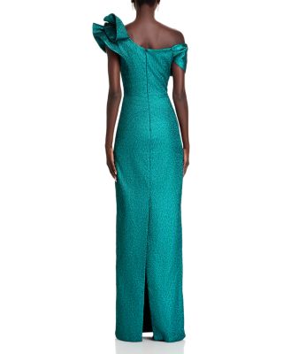 Metallic Jacquard Asymmetrical Ruffle Gown