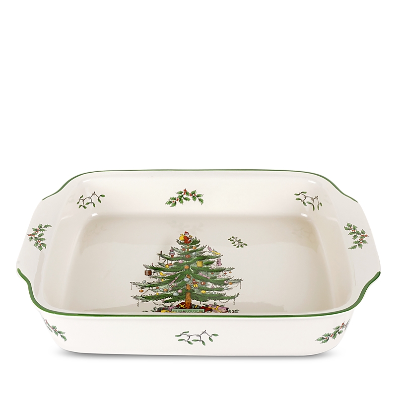 Spode Christmas Tree Rectangular Handled Dish In Green