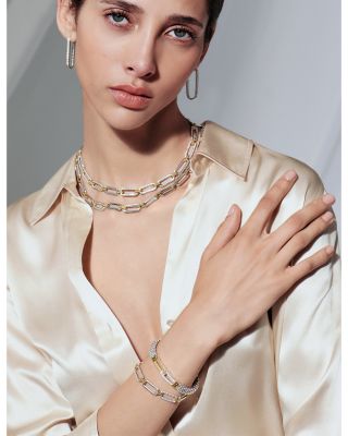 18K Yellow Gold & Sterling Silver Signature Caviar Diamond Trio Station Link Collar Necklace, 18"