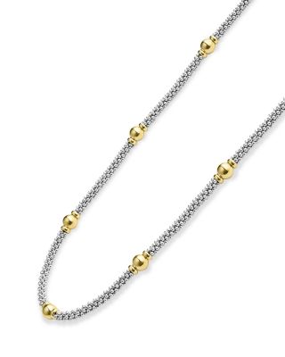 18K Yellow Gold & Sterling Silver Signature Caviar Two Tone Station Necklace, 18"