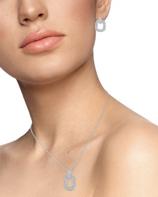 Baguette Cubic Zirconia Link Pendant Necklace & Stud Earrings Set in Rhodium Plated