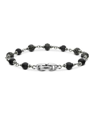Men's Spiritual Beads Onyx & Black Diamond Pav&eacute; Rosary Style Bracelet in Sterling Silver