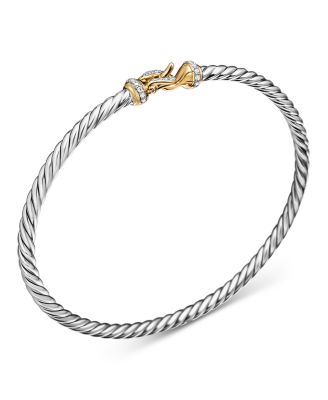 Buckle Classic Cable Bracelet in Sterling Silver with 18K Yellow Gold and Diamonds, 3mm