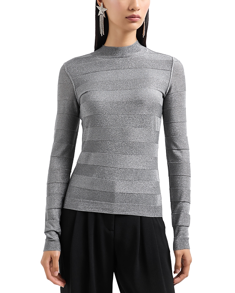 Emporio Armani Striped Mock-neck Top In Grey