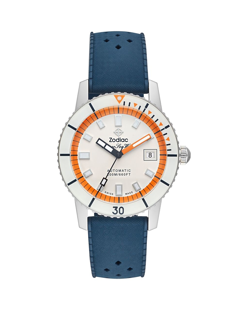 Zodiac Compression Diver Automatic Rubber Strap Watch, 40mm In White/blue