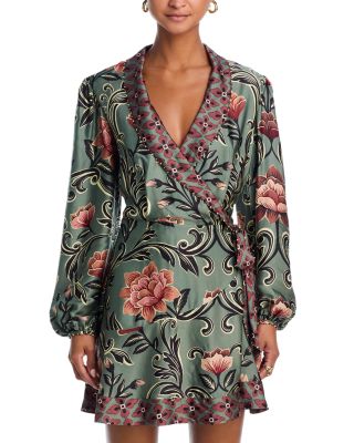 arabesque floral green long sleeve mini dress FARM Rio Black Arabesque Mix Scarves Wrap Mini Dress, Arabesque Mix Scarves Black / XS