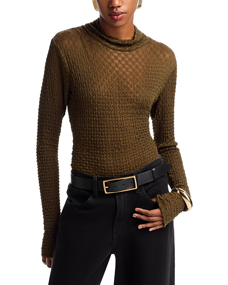 Frame Stretch Mesh Lace Turtleneck In Rich Military