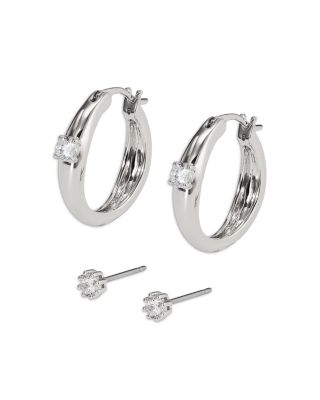 Nadri Cubic Zirconia Hoop & Stud Earrings in Rhodium Plated, Set of 2