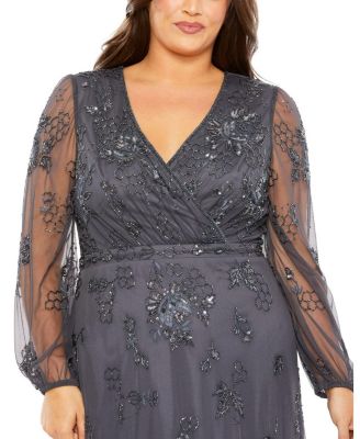  Plus Puff Sleeve V-Neck Tiered Embellished Gown