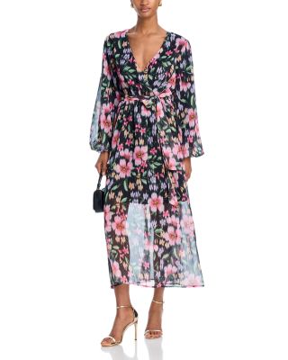 AQUA - Floral Long Sleeved Tie Waist Midi Dress - Exclusive