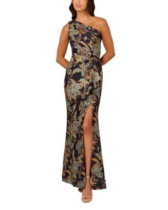 Adrianna Papell Floral Jacquard One Shoulder Mermaid Gown - Blue/Gold