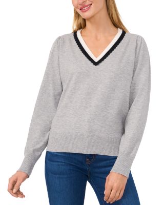 CeCe - Deep V Contrast Trim Sweater