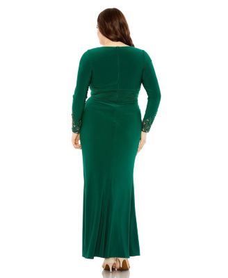  Plus Long Crystal Detail Sleeve V Neck Gown