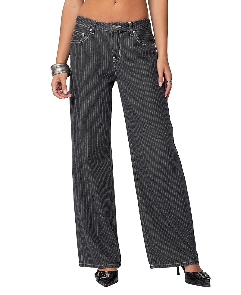 Shop Edikted Pinstripe Low Rise Jeans In Black