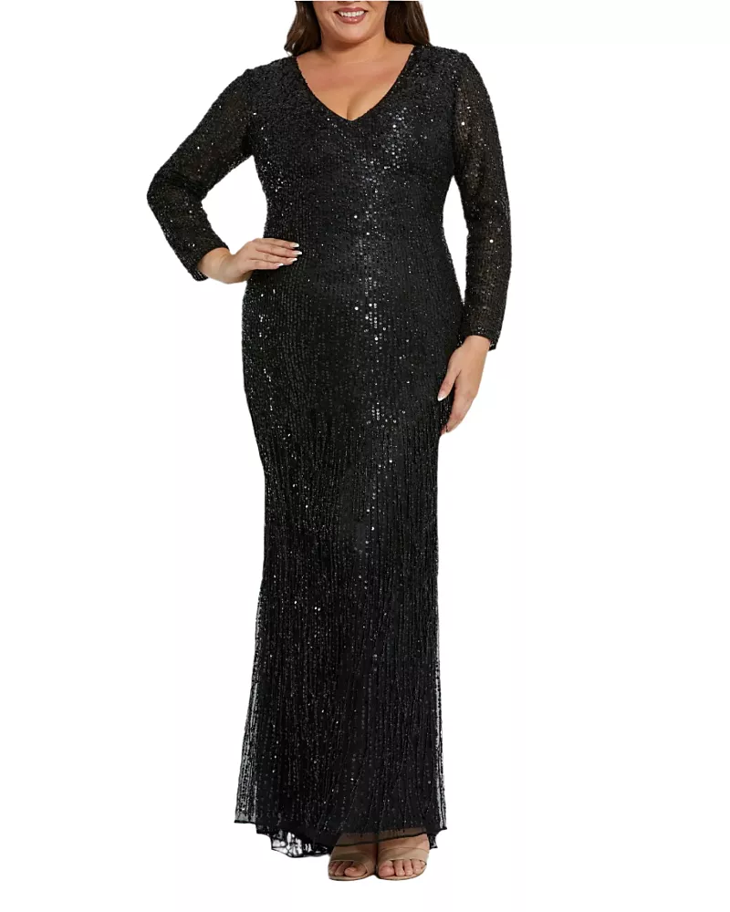 Mac Duggal Plus Long Sleeve V Beck Beaded Fringe Gown