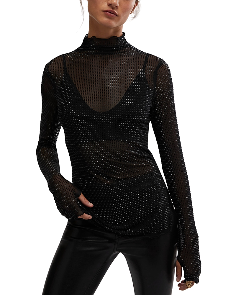 Free People Dance All Night Crystal Embellished Sheer Long Sleeve Top In Black