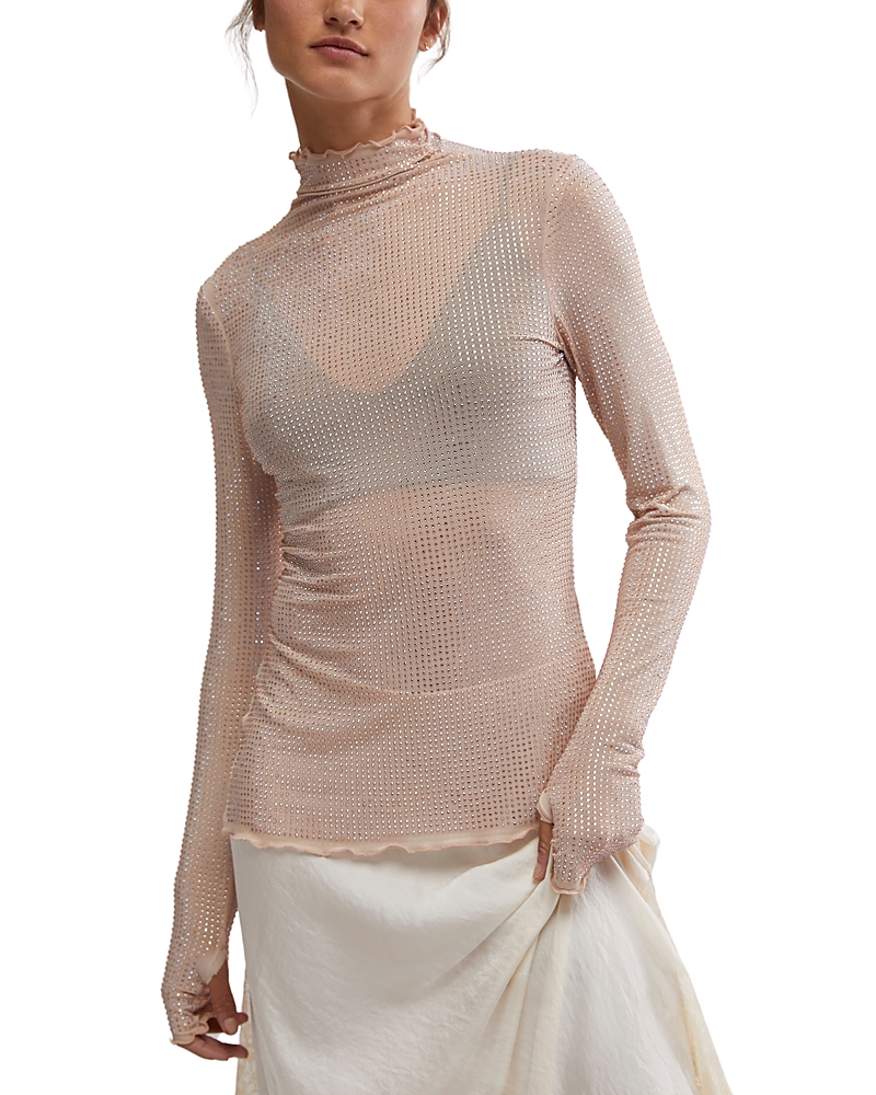 Free People Dance All Night Crystal Embellished Sheer Long Sleeve Top In Peach