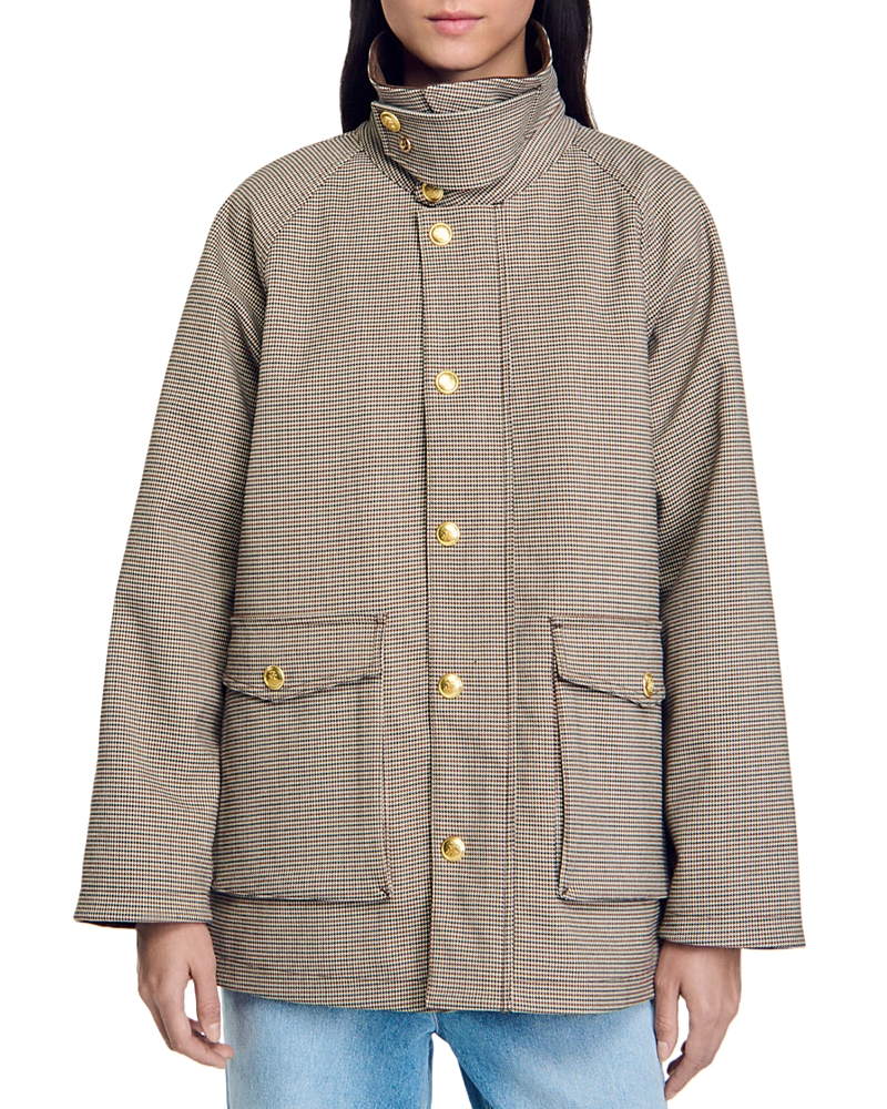 Sandro Check Coat With Velvet Collar In Brown